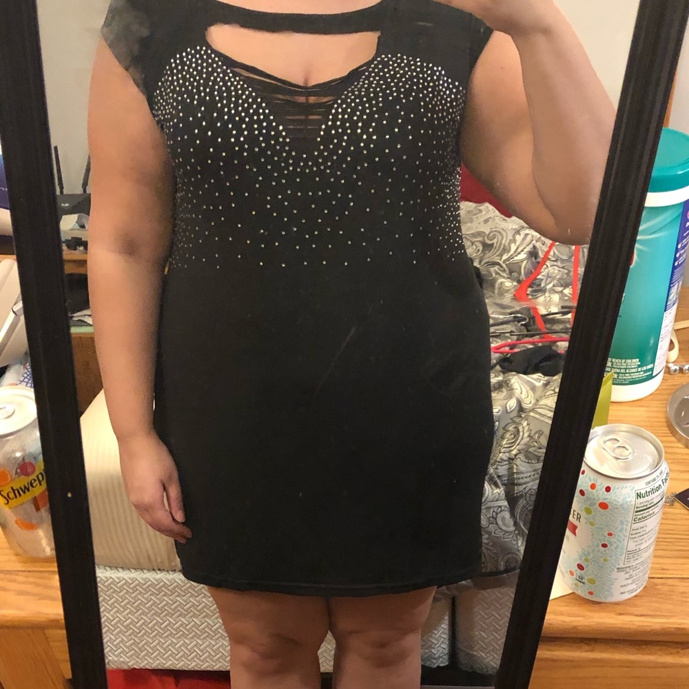 Studded rhinestone cut out black dress